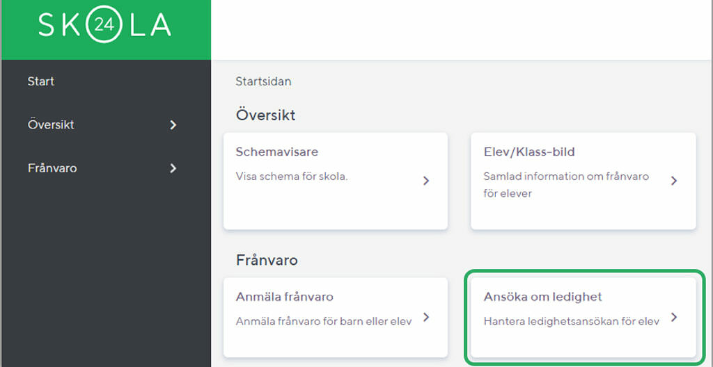 Bild som visar var man klickar för att ansöka om ledighet i webbsystemet Skola24