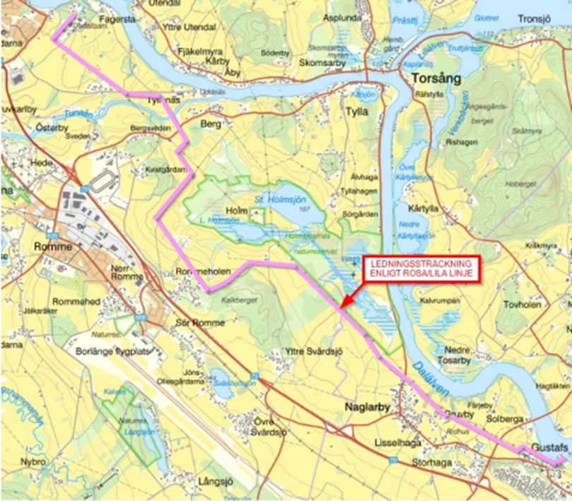 Karta &ouml;ver ny avloppsledning fr&aring;n Gustafs till Borl&auml;nge reningsverk